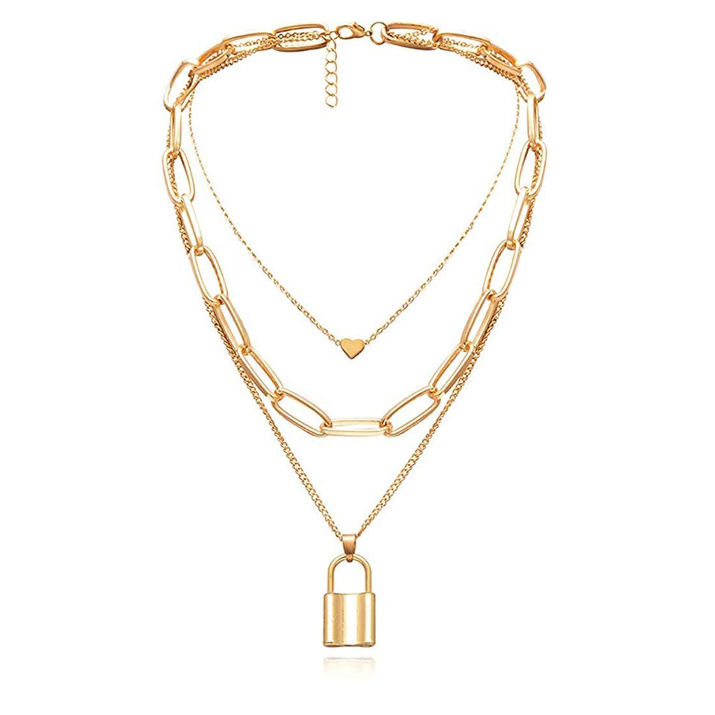 Gold-Polished Alloy Lock & Heart Multiple Chain Necklace - The Pari