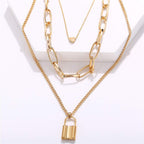 Gold-Polished Alloy Lock & Heart Multiple Chain Necklace - The Pari