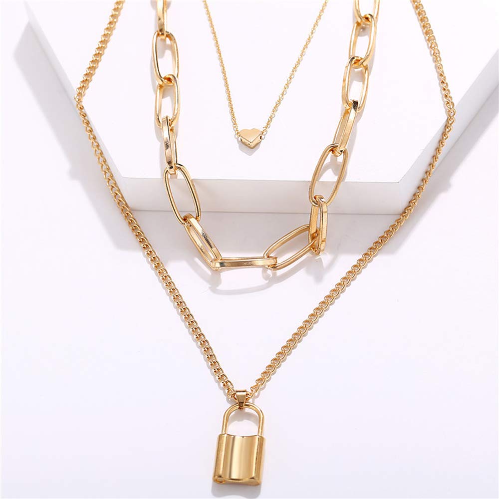 Gold-Polished Alloy Lock & Heart Multiple Chain Necklace - The Pari