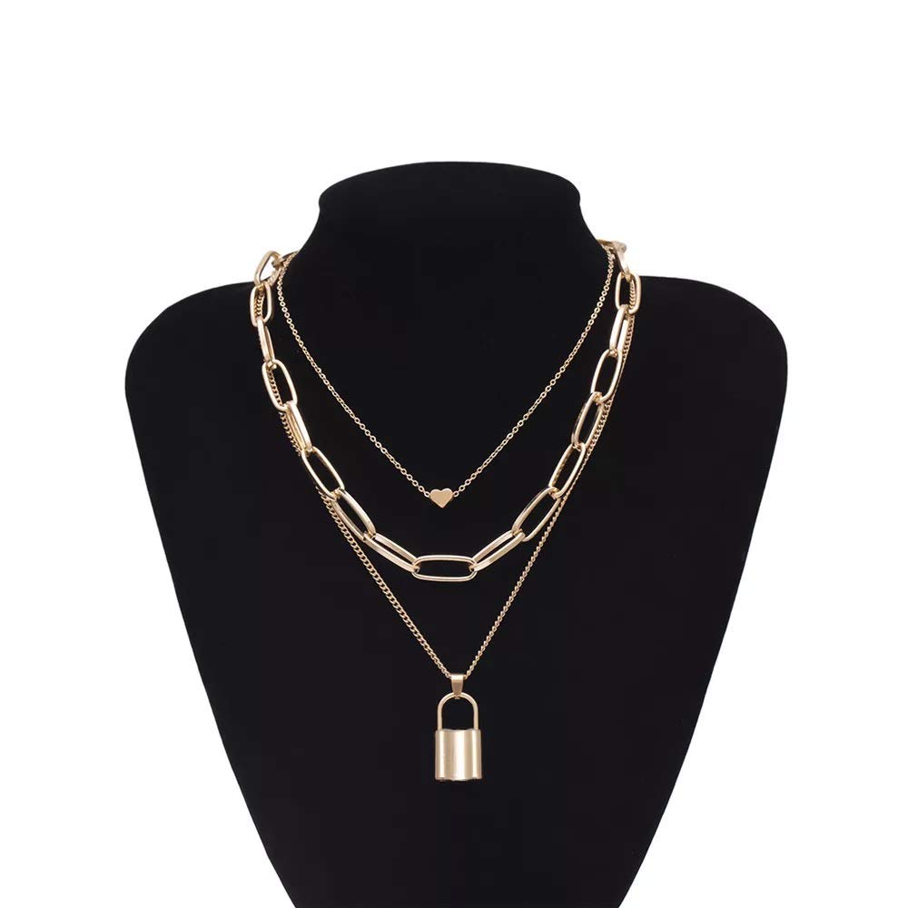 Gold-Polished Alloy Lock & Heart Multiple Chain Necklace - The Pari