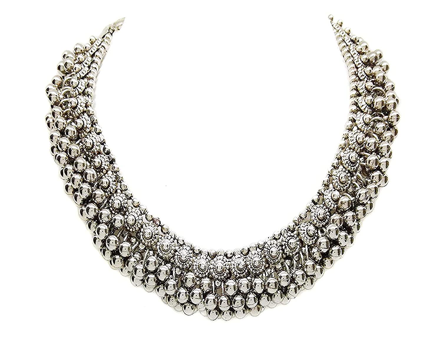 Rhodium-Plated Alloy Silver Bead Cluster Choker Necklace - The Pari