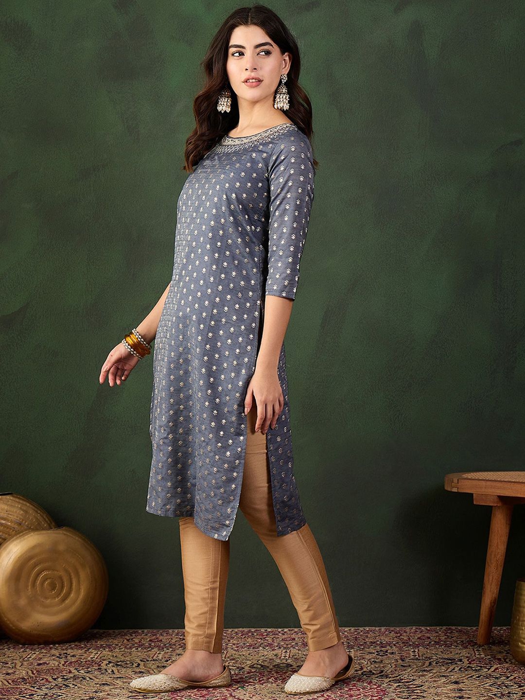 Sangria Embroidered Straight Kurta - Distacart