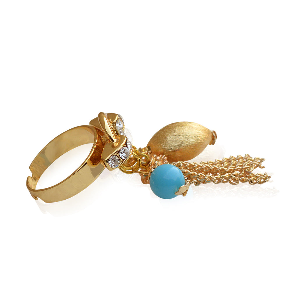 Gold-Polished Alloy Blue Charms Ring - The Pari