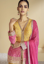 Lorenvalley Fashion Yellow and Pink Chinon Embroidery With Sequince Work Salwar Kameez Stitched