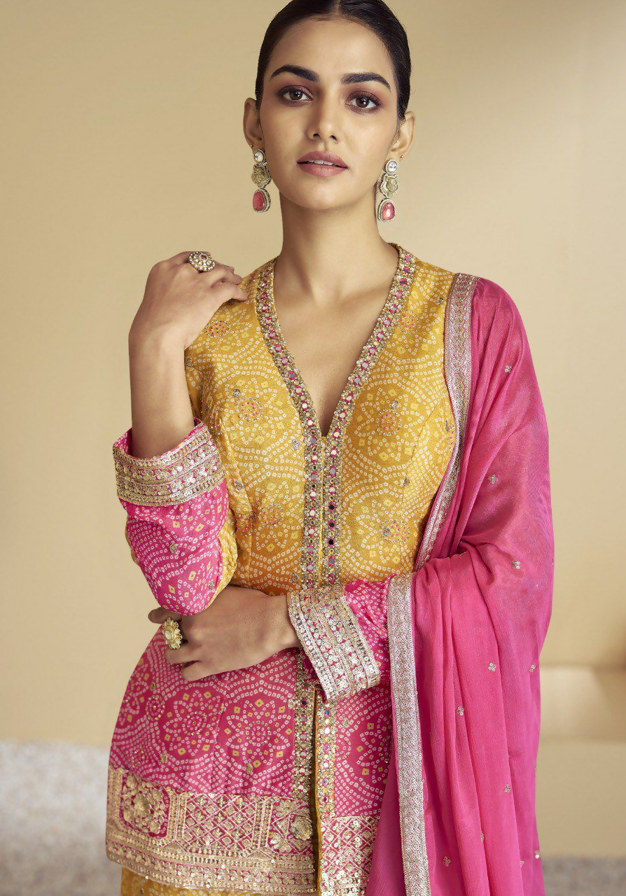 Lorenvalley Fashion Yellow and Pink Chinon Embroidery With Sequince Work Salwar Kameez Stitched
