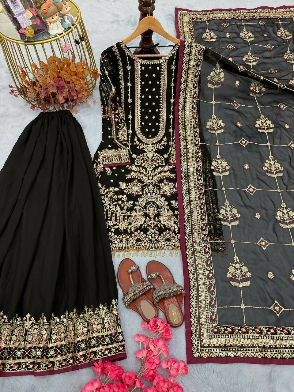Teeya Creation Black Faux georgette Designer heavy work Wedding Wear Palazzo pair - Distacart