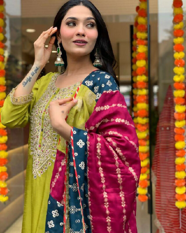 The52 Lemons Women's Gorgeous Embroidered Viscose Chanderi Fabric Straight Kurta Pant with Dupatta Set - Distacart