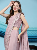 Pink Silk Satin Solid Ready to wear Saree with stitched Blouse - Satiksha