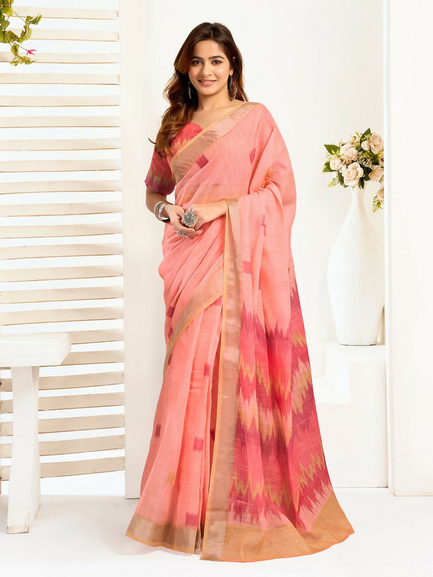 Joban Fashion Peach Ikkat Linen Ready To Wear Saree With Unstitched Blouse - Distacart