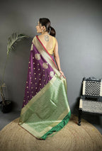Joban Fashion Purple & Green Woven Butti Soft Silk Banarasi Silk Saree - Distacart