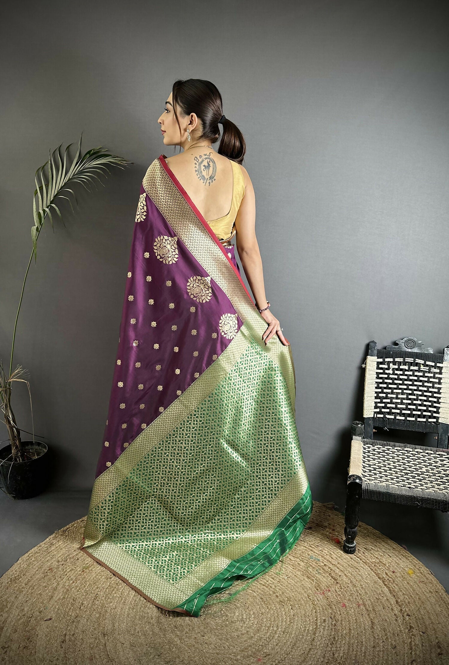 Joban Fashion Purple & Green Woven Butti Soft Silk Banarasi Silk Saree - Distacart