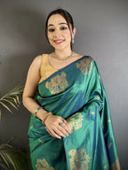 Joban Fashion Dark Teal Motifs Zari Weaving Soft Silk Banarasi Saree