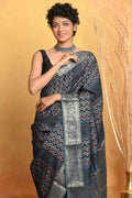 Very Much Indian Modal Silk Ajrakh Handblock Printed Natural Dyes With Designer Border Saree - Grey