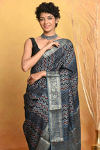 Very Much Indian Modal Silk Ajrakh Handblock Printed Natural Dyes With Designer Border Saree - Grey