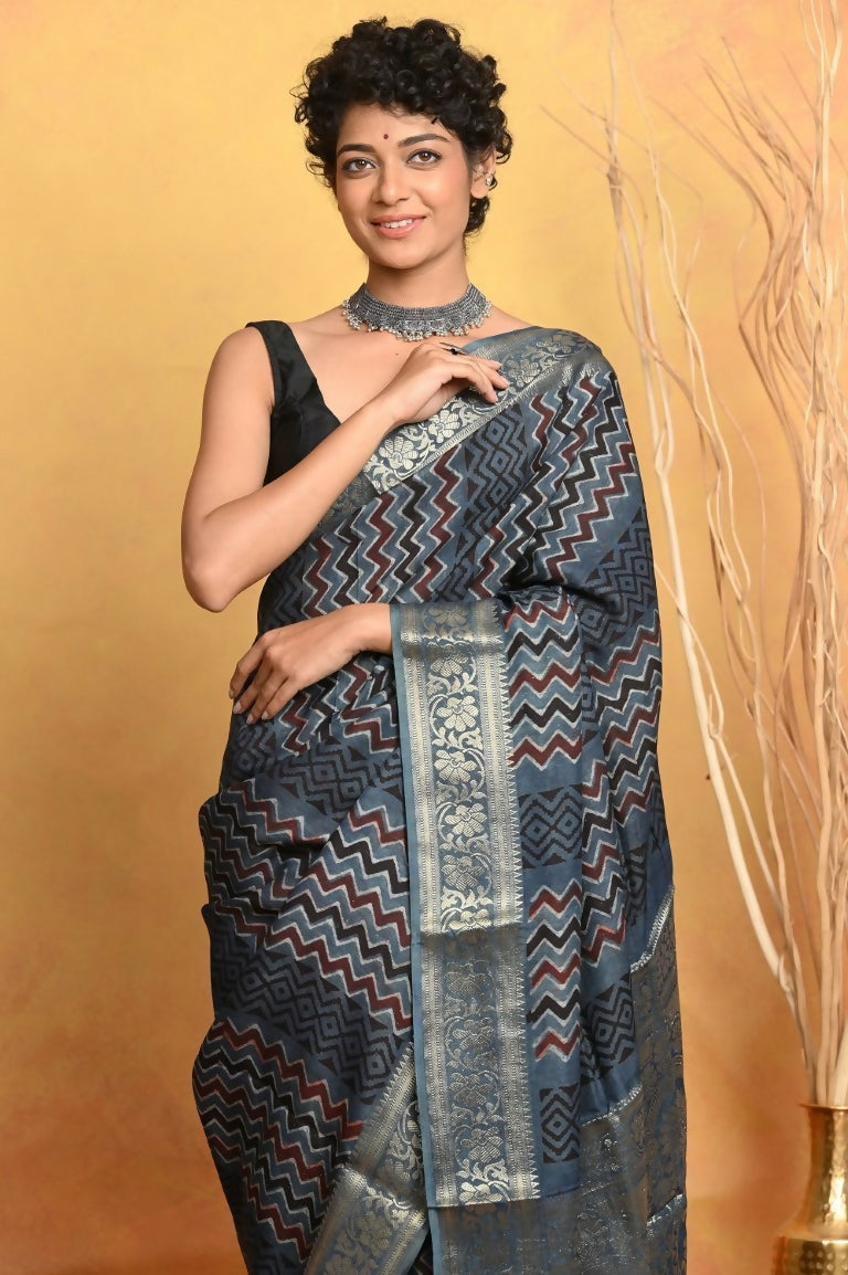 Very Much Indian Modal Silk Ajrakh Handblock Printed Natural Dyes With Designer Border Saree - Grey