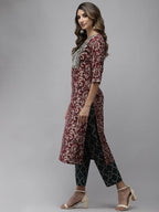 Yufta Women Mauve & Green Ethnic Motifs Printed Sequined Cotton Kurta Set & Dupatta