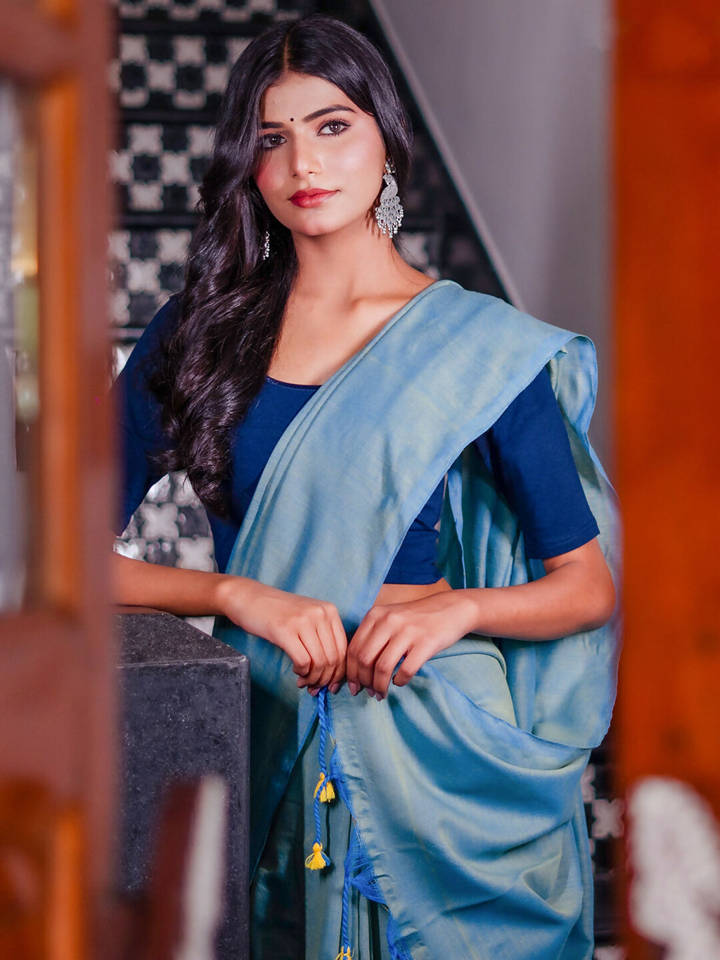 Zibaa Hand-Dyed Mul Cotton Teal Blue Saree with Tassels - Distacart