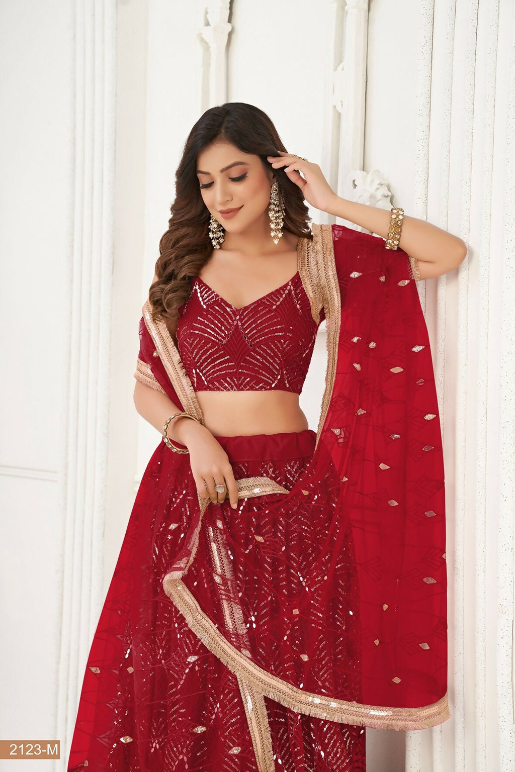 Eilara Maroon Thread Sequin Embroidered Net Lehenga Set