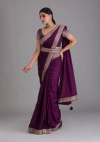 Teeya Creation Wine Color Chinon Silk Saree