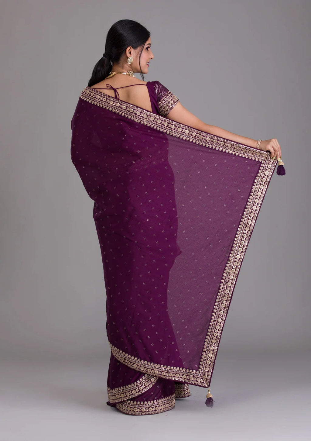 Teeya Creation Wine Color Chinon Silk Saree