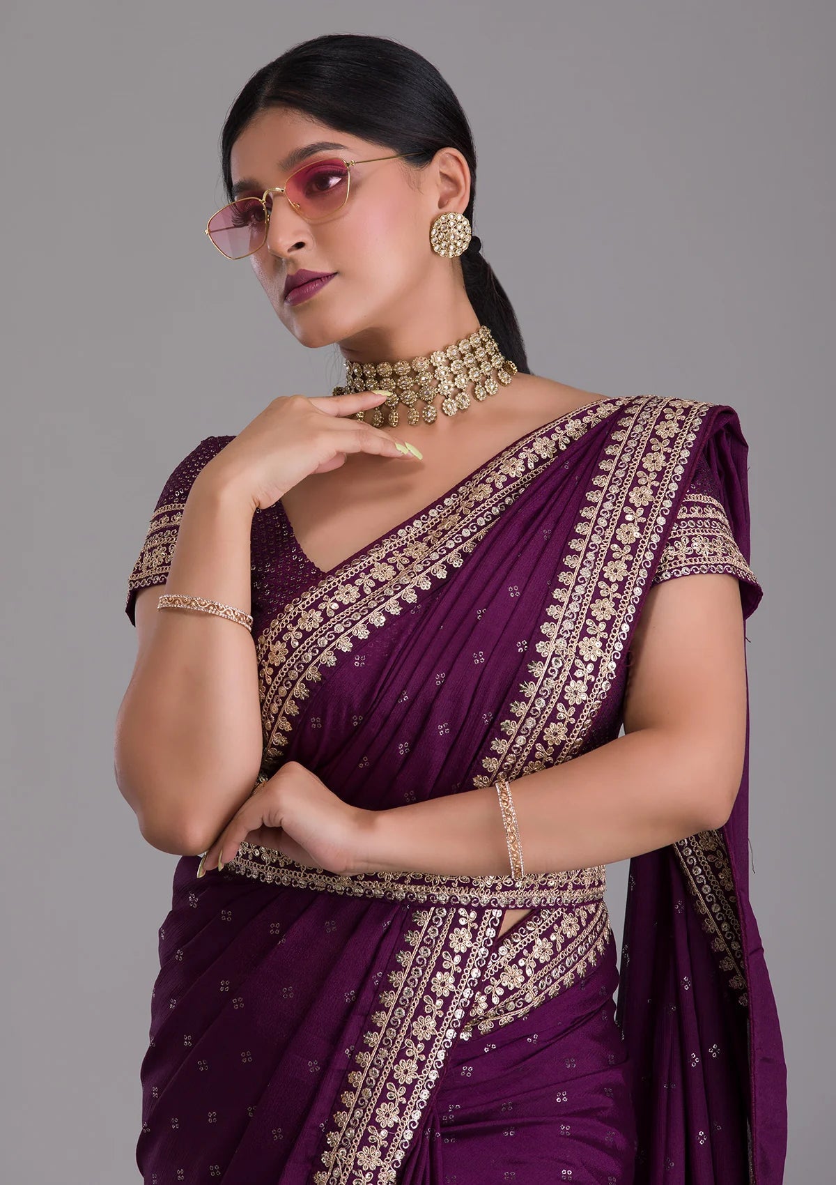 Teeya Creation Wine Color Chinon Silk Saree