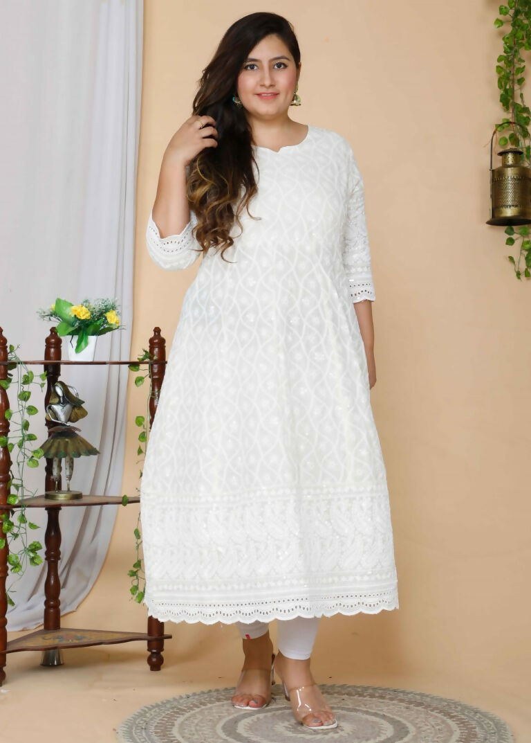 Miravan Women's Plus Size Beige Chikankari Thread Work Anarkali Kurta With Dupatta
