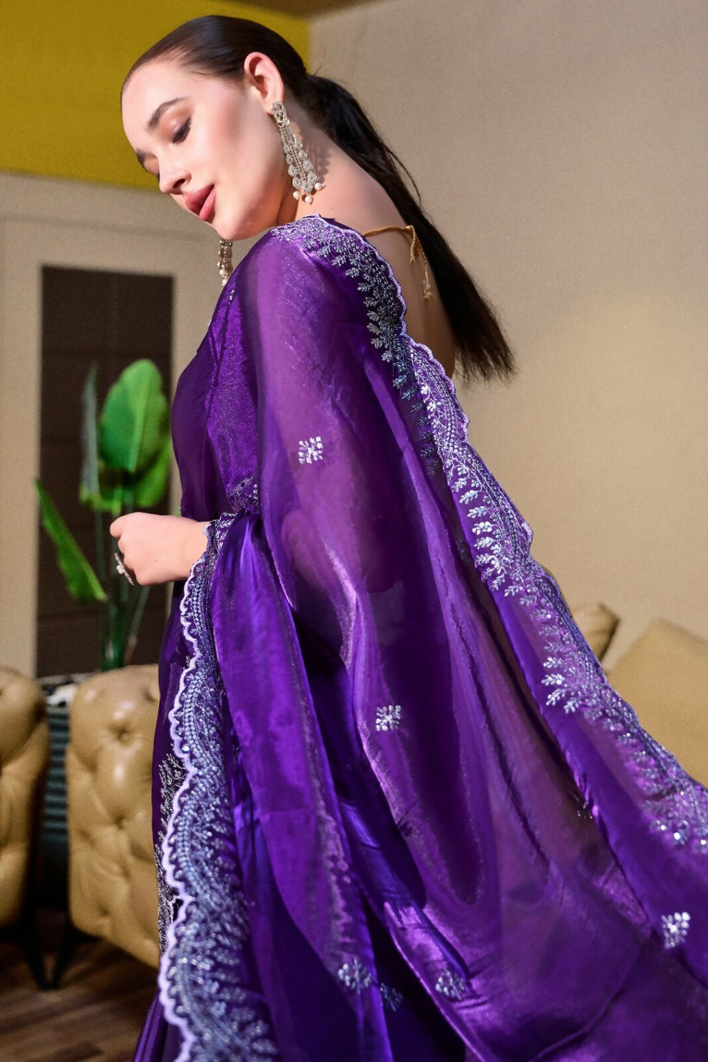 Vastranavya Purple-Blue Embroidery Work Shimmer Chiffon Saree with Unstitched Blouse - Distacart