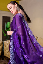 Vastranavya Purple-Blue Embroidery Work Shimmer Chiffon Saree with Unstitched Blouse - Distacart