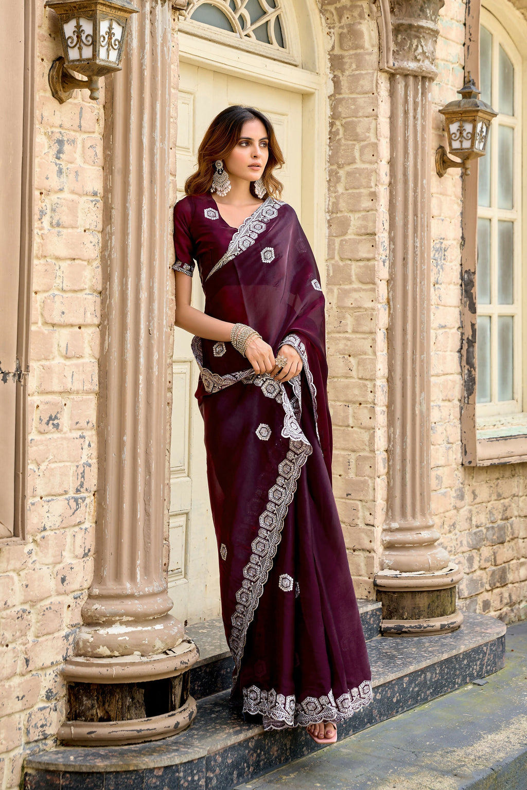 Vastranavya Wine Embroidery Work Shimmer Chiffon Saree with Unstitched Blouse - Distacart