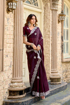 Vastranavya Wine Embroidery Work Shimmer Chiffon Saree with Unstitched Blouse - Distacart