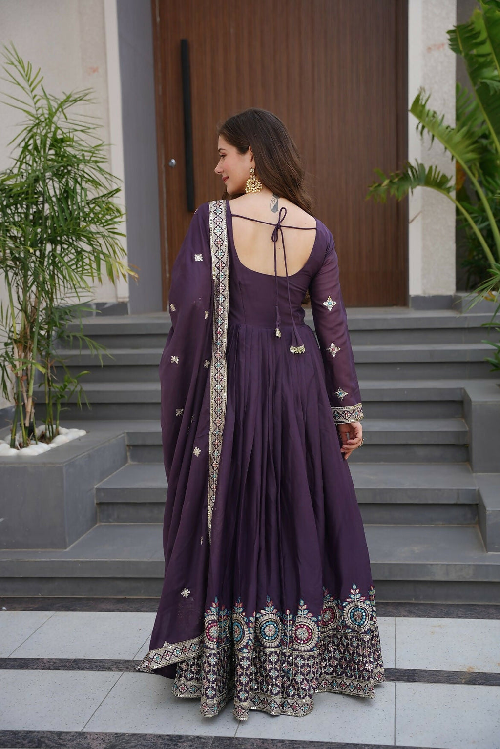 Teeya Creation Violet Color Pure Diamond Silk Wedding Wear Long Gown - Distacart