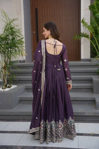 Teeya Creation Violet Color Pure Diamond Silk Wedding Wear Long Gown - Distacart