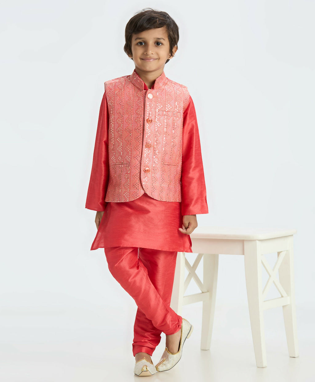 Joban Fashion Kids Island Sequence work Nehru Jacket Full Sleeves Kurta, Pajama Set - Tomato Red - Distacart