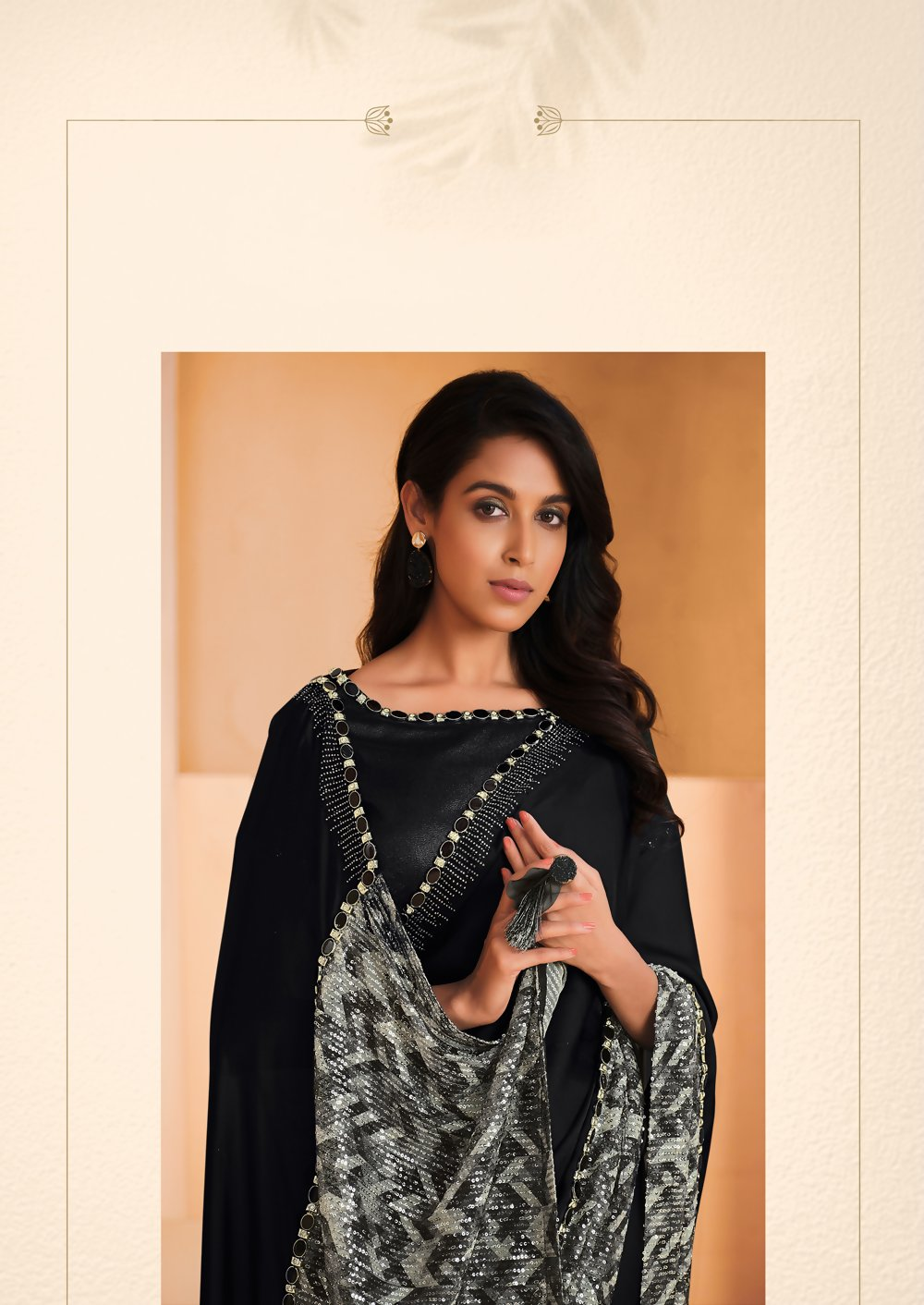 Black Satin Crepe Silk Embroidery with Digital Sequence Work Saree - Norita Helly