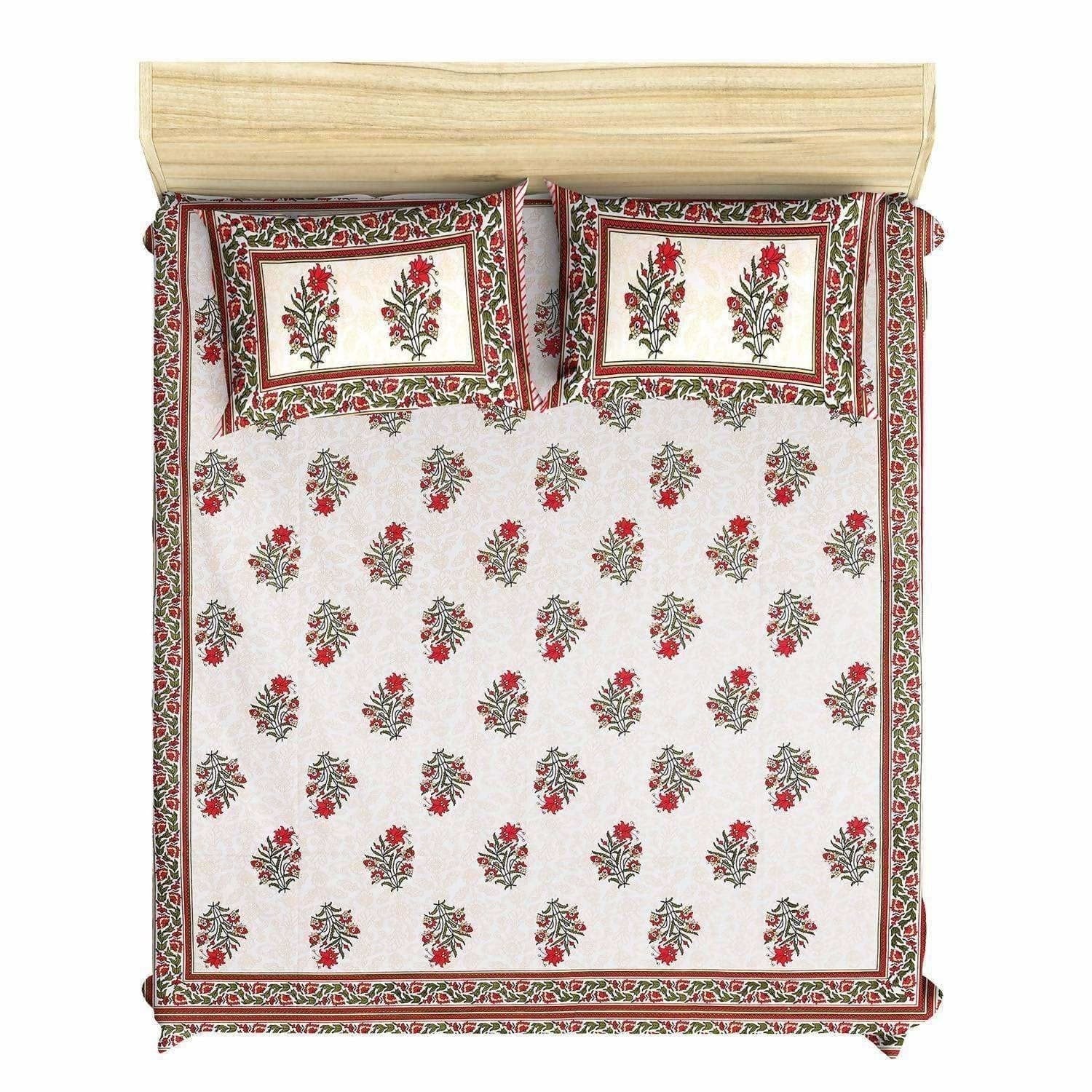 Jaipuri Hand Printed Floral 144TC Cotton DoubleQueen Bedsheet with 2 Pillow Covers