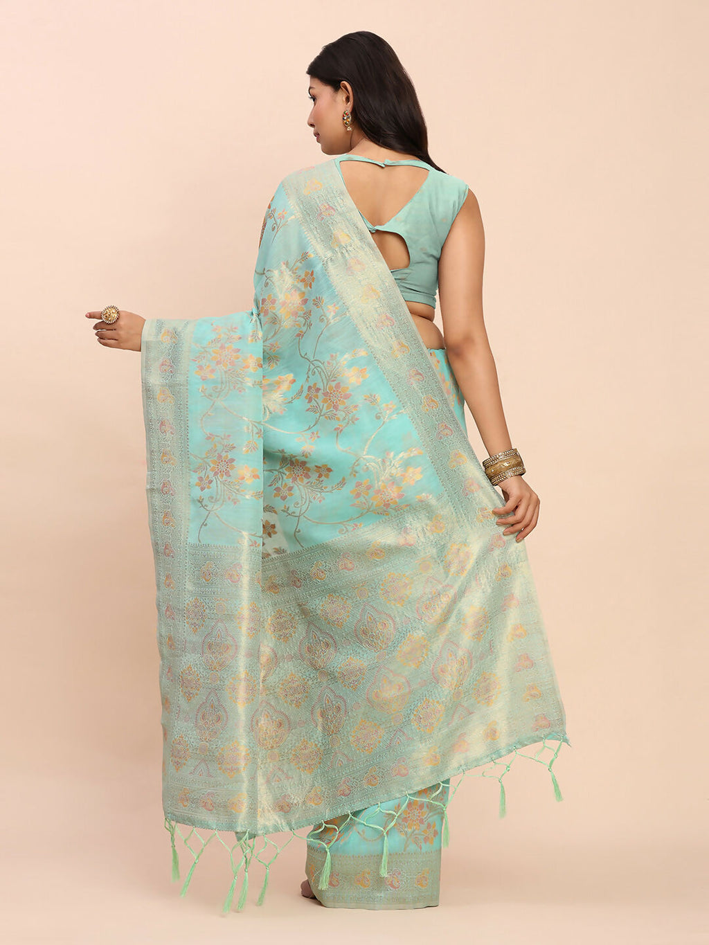 Shree Shyam Fashion Linen Cotton Sea Green Saree - Distacart