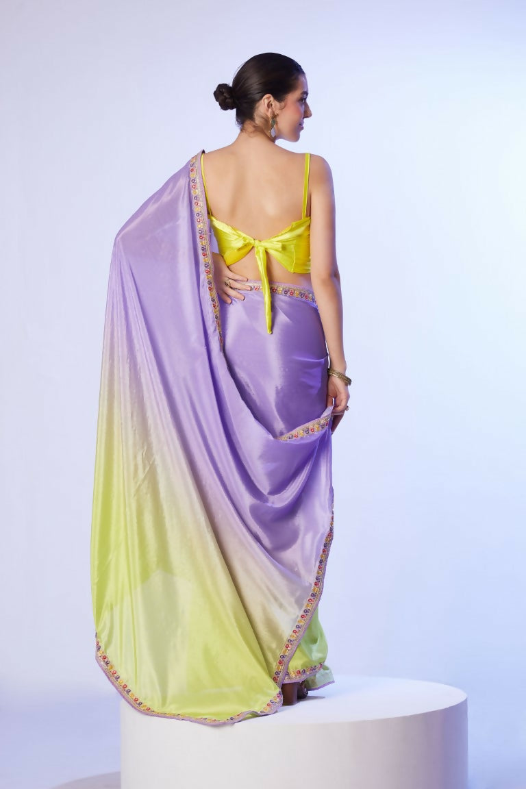 Lavender Chinon Solid Designer & Lace Work Saree - Samaa
