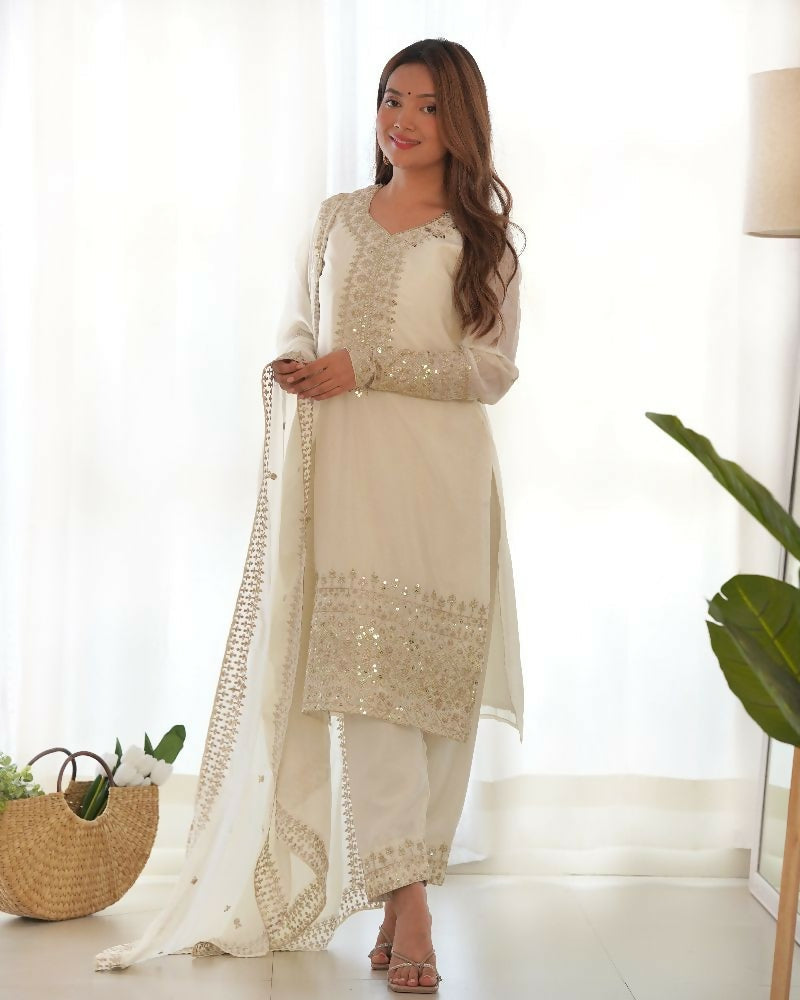 Joban Fashion White Kurta Set Silk Sequence Embroidery Work - Distacart