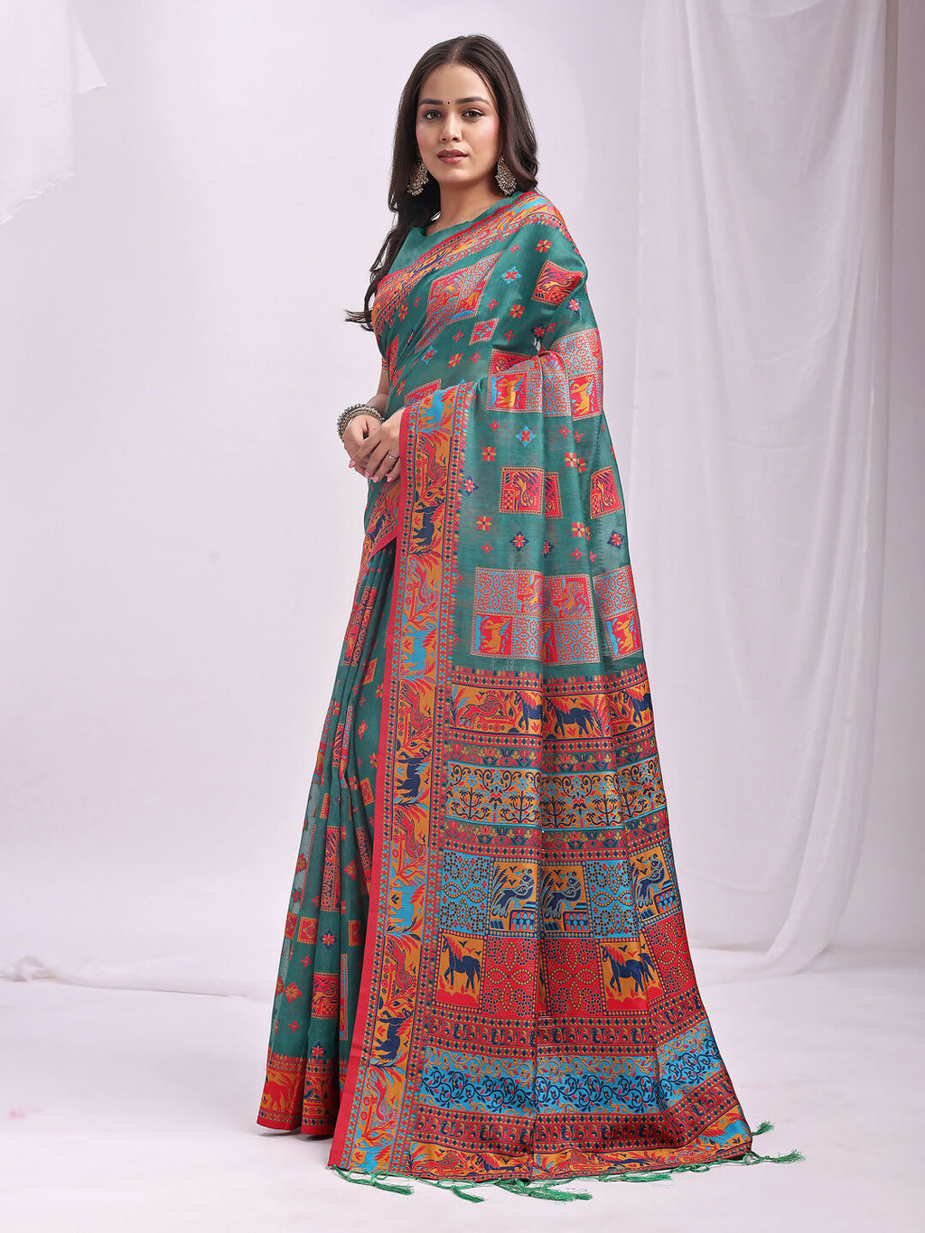 Shree Shyam Fashion Vastraloom Rama Green Linen Cotton Saree
