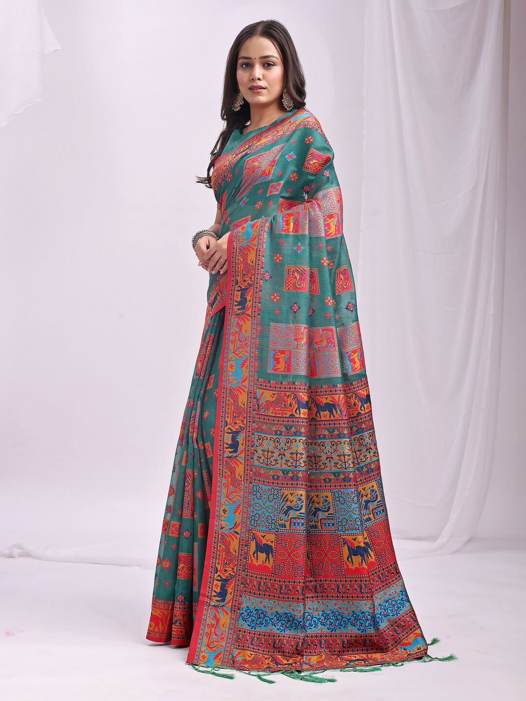 Shree Shyam Fashion Vastraloom Rama Green Linen Cotton Saree