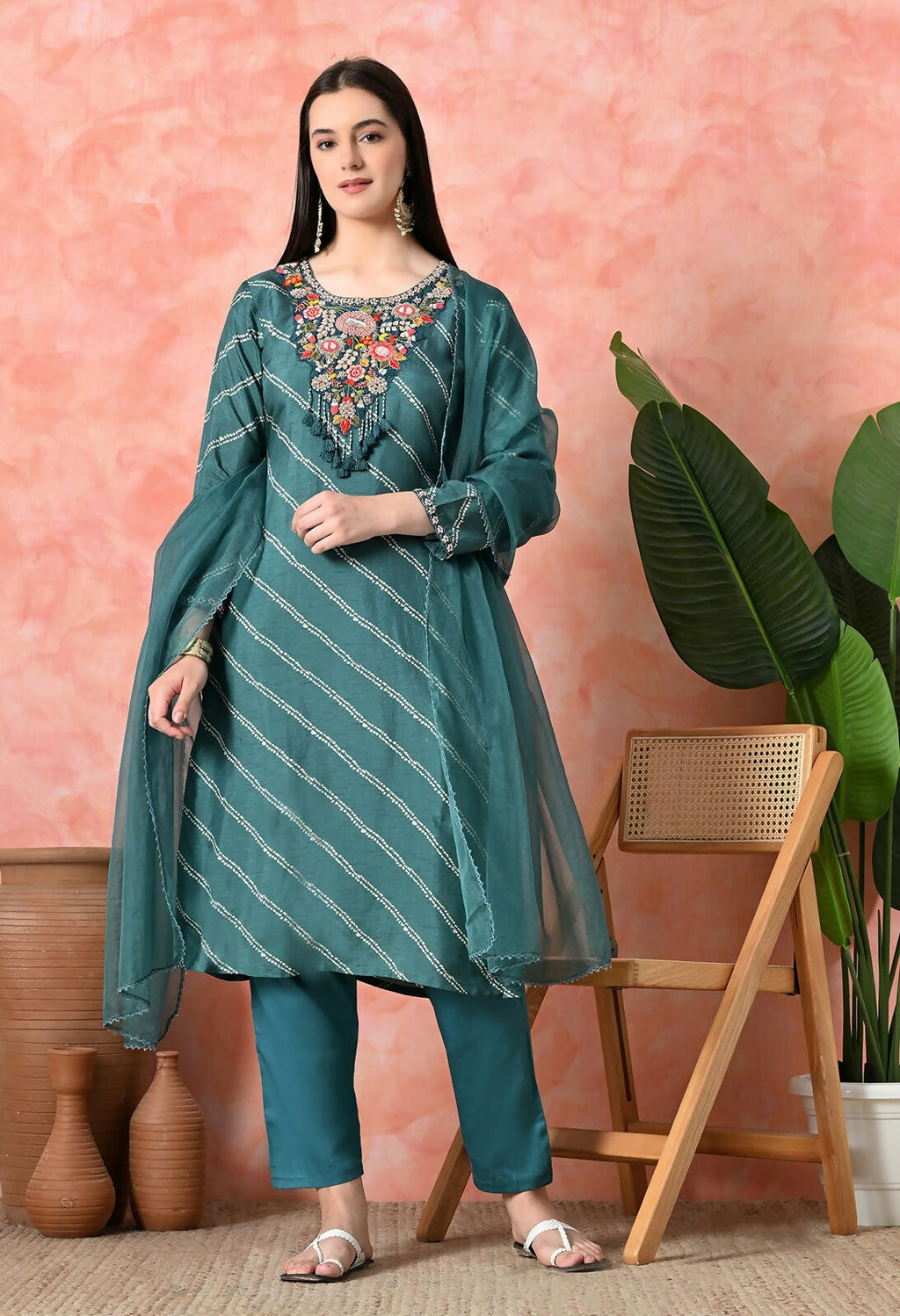 Joban Fashion Green Premium Pure Viscose Print Dola With Handwork Kurta Set