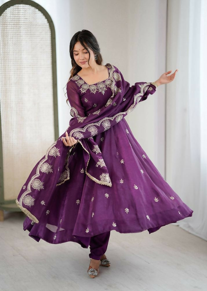 Teeya Creation Wine Color Crunchy Silk Embroidery Work Wedding Wear Gown - Distacart