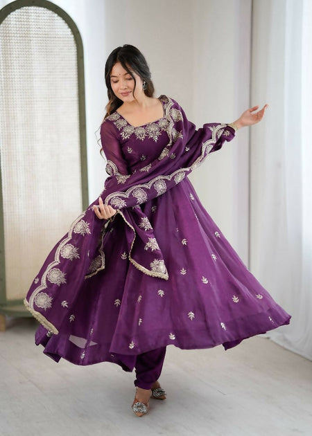 Teeya Creation Wine Color Crunchy Silk Embroidery Work Wedding Wear Gown