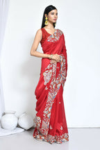 Red Crepe Silk Sequence Embroidered Saree - Nimaya Benzy