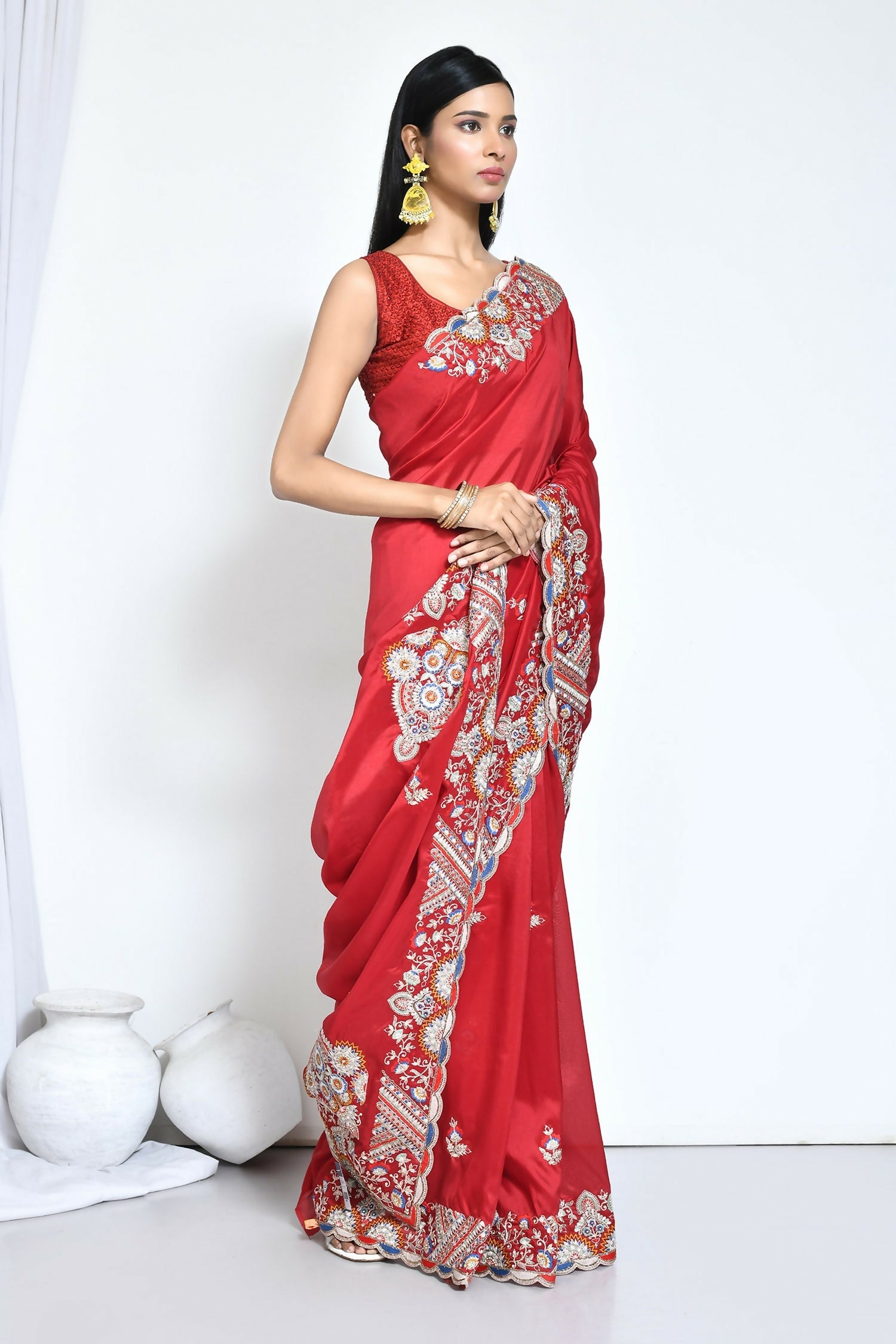 Red Crepe Silk Sequence Embroidered Saree - Nimaya Benzy
