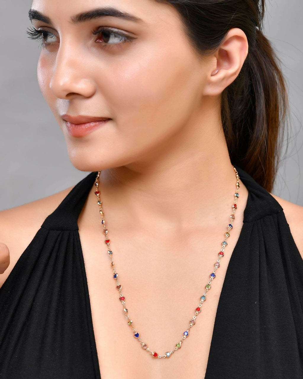 VOJ Gold-Polished Chain For Women With Multi Colour Hearts