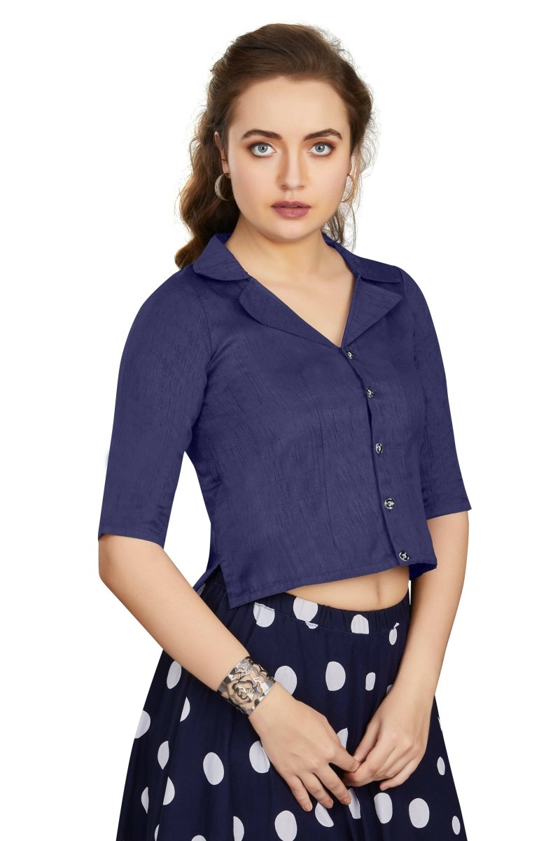 Aastha Fashion Women's Women's Navy Blue Art Silk Button Readymade Blouse