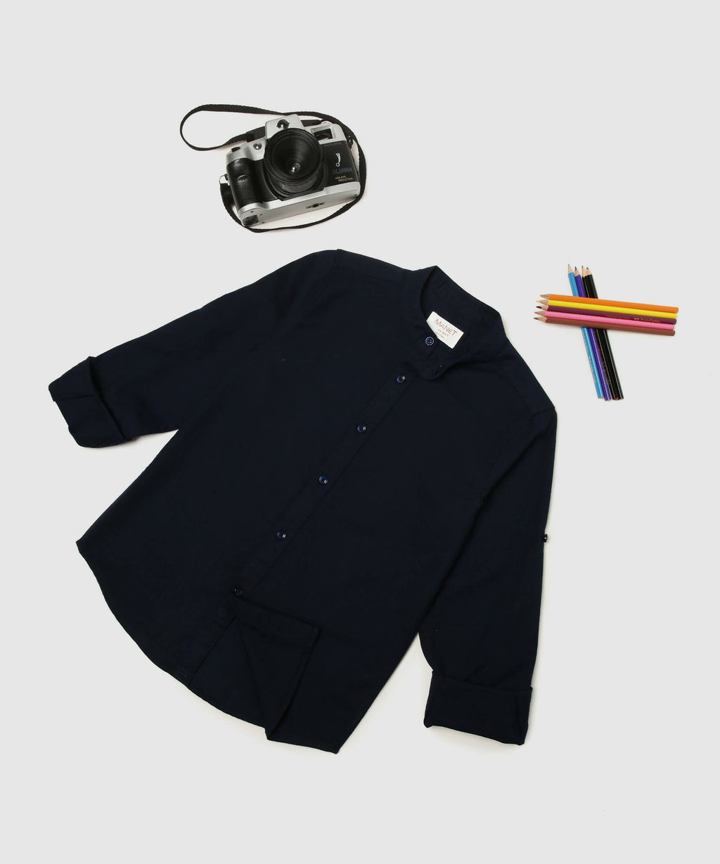 Manet Boys Mandarin Collar Full Sleeves Melange Shirt - Navy Blue