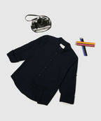 Manet Boys Mandarin Collar Full Sleeves Melange Shirt - Navy Blue