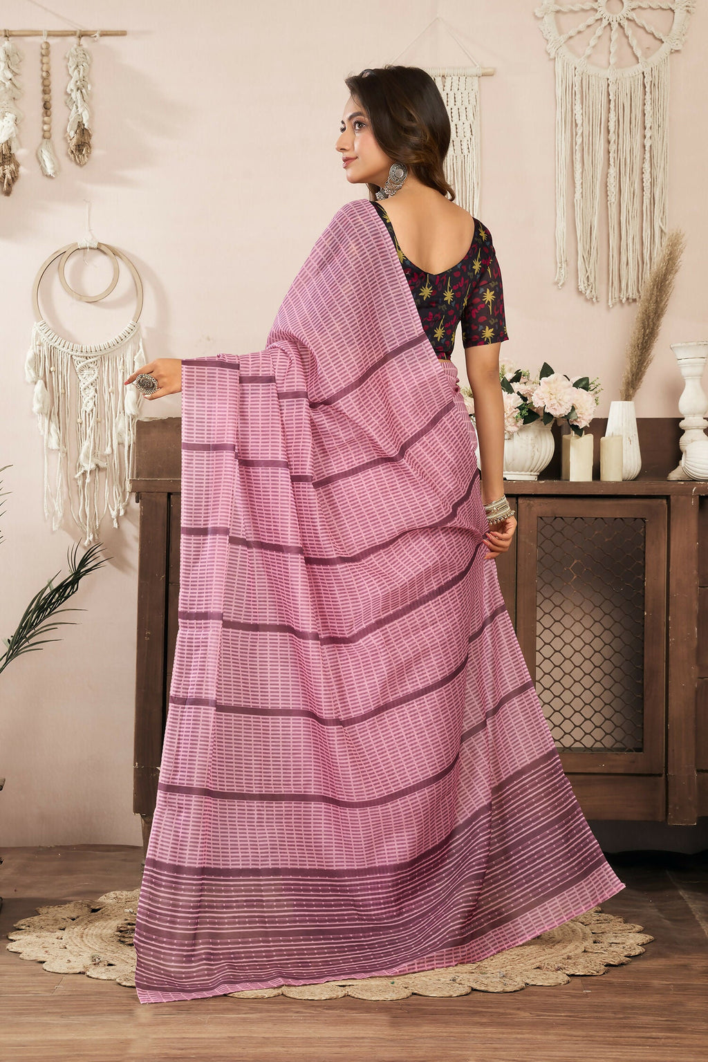 Joban Fashion Coral Pink Paisley & Geomatric Linen Ready To Wear Saree With Unstitched Blouse - Distacart
